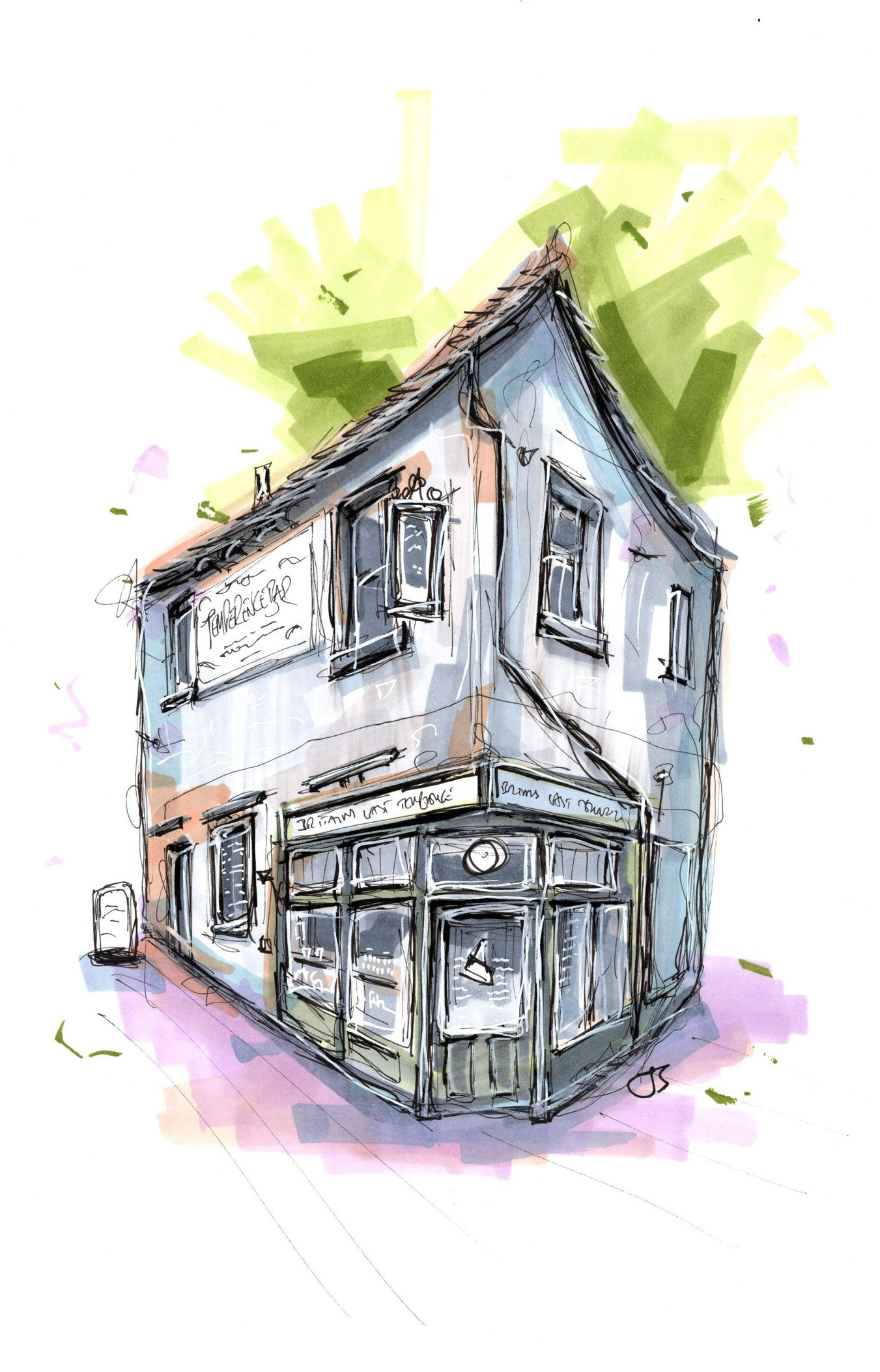 Loose ink and marker sketch of a corner building with a green shop front.