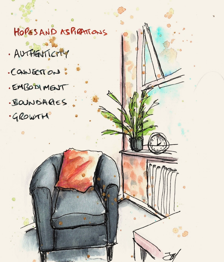 Hand-drawn illustration of a therapy chair beside a window, with the handwritten themes hopes and aspirations, authenticity, connection, embodiment, boundaries and growth.