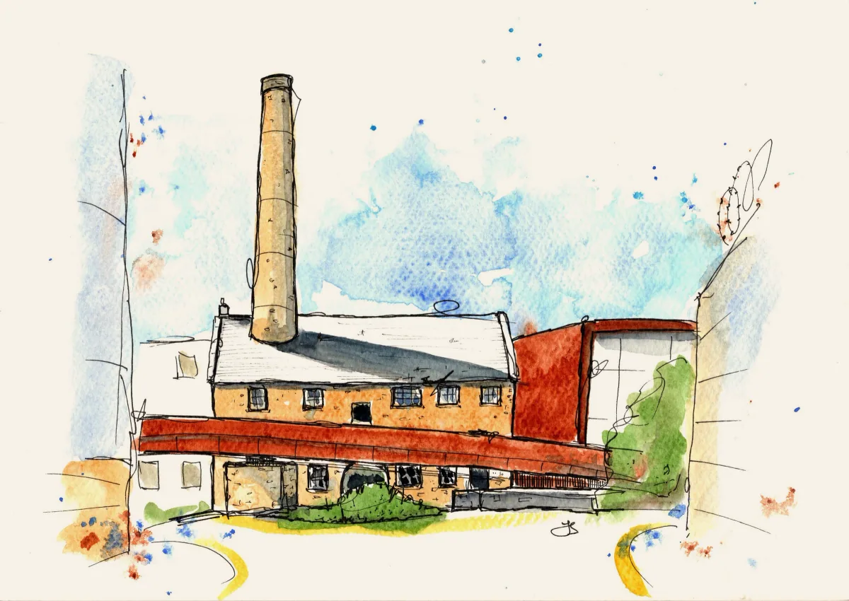 Ink and watercolour sketch of a local stone mill with a tall chimney.