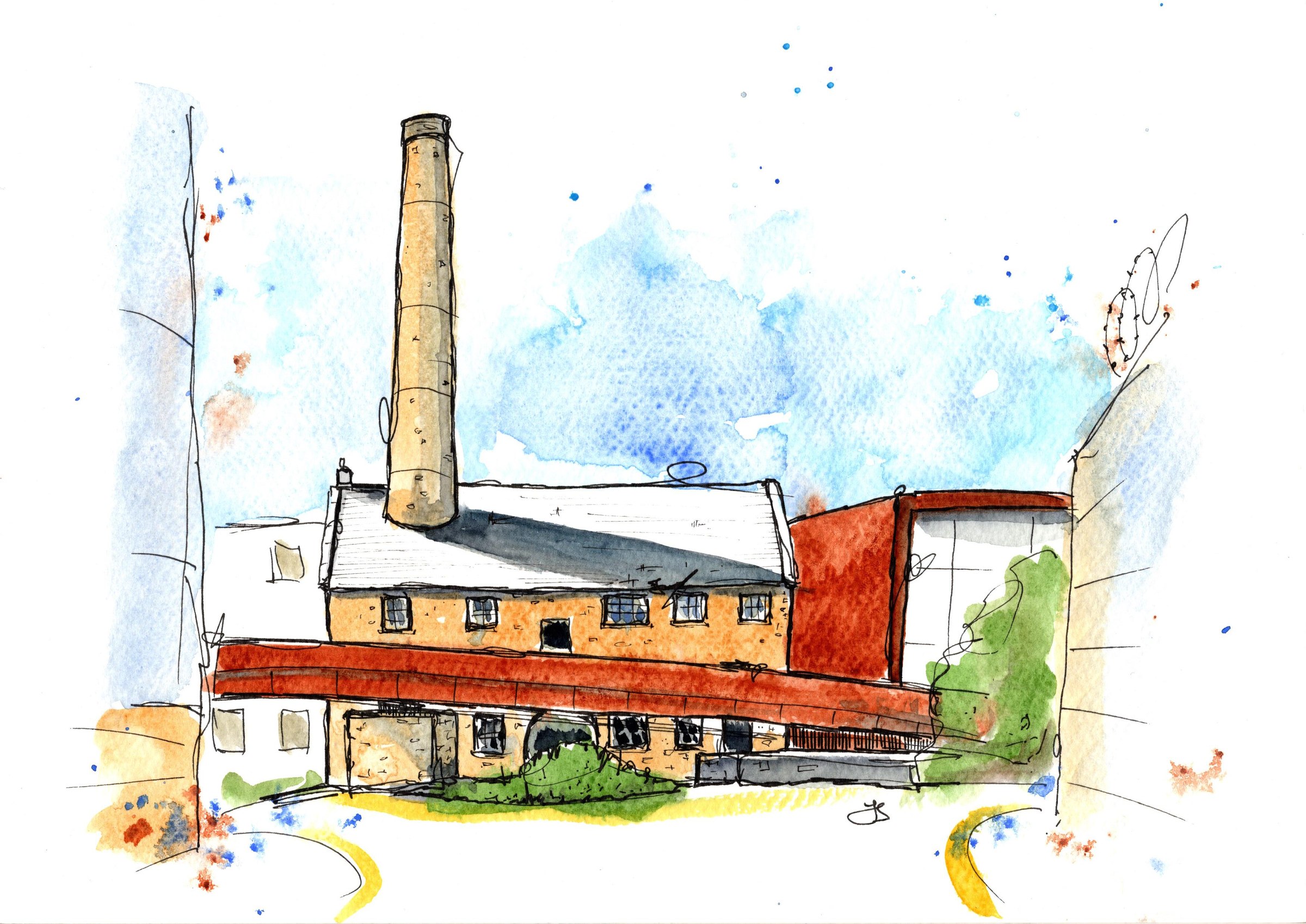 Ink and watercolour sketch of a local stone mill with a tall chimney.
