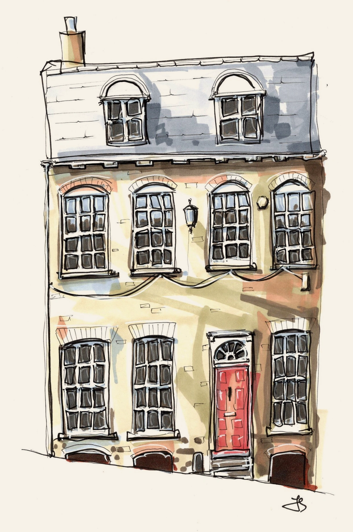 Ink and wash sketch of a tall townhouse with arched windows and a red front door.