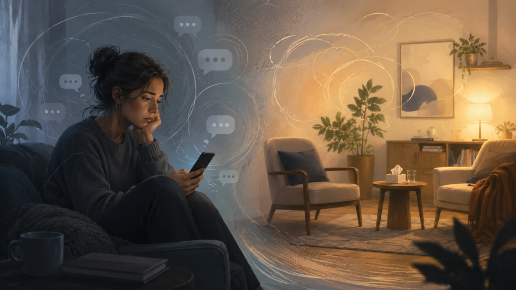 A wide, softly lit illustration showing the emotional journey from anxious rumination to the possibility of therapeutic reflection. On the left, a person sits curled up on a sofa in a dim blue-grey room, looking down at a phone with a worried expression. Faint speech bubbles and swirling circular lines surround them, suggesting overthinking and unanswered messages. On the right, the scene opens into a warm, inviting therapy room with two armchairs, a small table with tissues and a glass of water, plants, books and soft lamplight. The two halves are connected by flowing abstract lines, visually linking distress with a calmer, more reflective space.